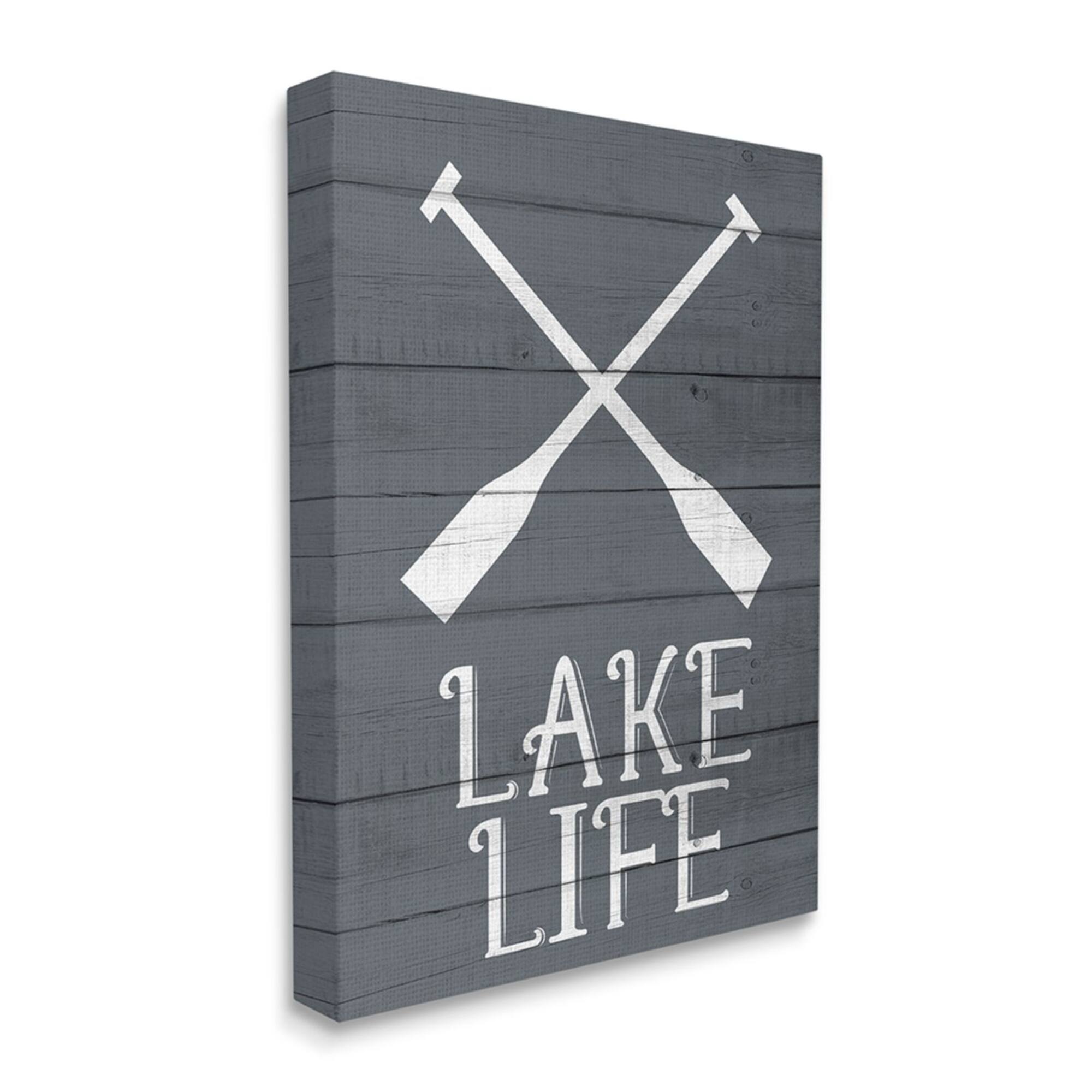 Stupell Industries Nautical Blue Lake Life Phrase Rustic Boat Oars Canvas Wall Art